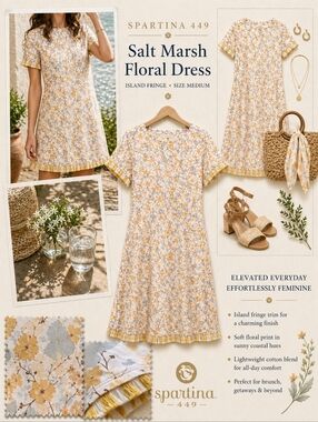 Sz Medium Spartina Island Fringe Salt Marsh Floral Dress Cotton Blend